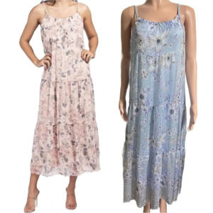 NWT ELENA BALDI Blue Silk Blend Floral Tiered Maxi Dress